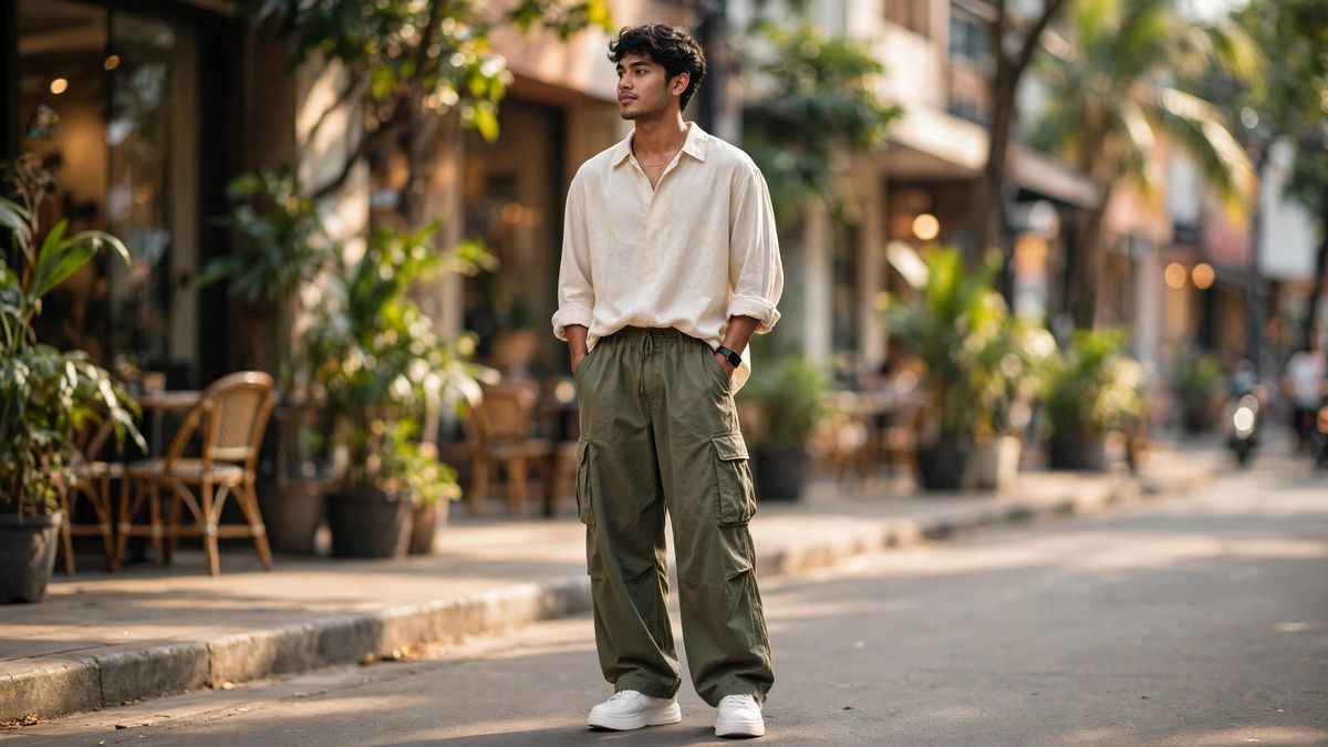 Cowok bergaya baggy oversized: kemeja krem longgar dan cargo olive di jalan kota