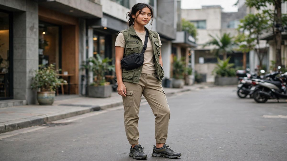 Cewek bergaya gorpcore: jaket utility, cargo pants, dan sepatu outdoor di jalanan kota