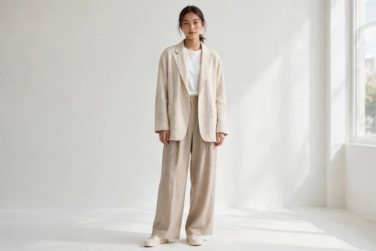 Cewek bergaya Korean minimalis: blazer krem oversized, atasan putih, dan celana wide-leg beige tone netral