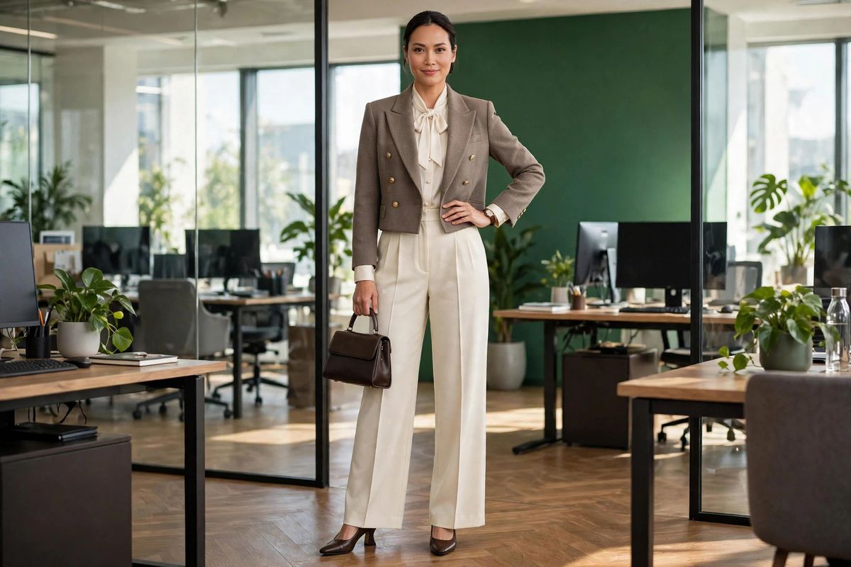 Cewek bergaya smart casual berdiri di kantor modern yang terang: blazer cropped double-breasted warna taupe dengan kancing emas, blouse satin krem berdetail pita di leher, celana wide-leg krem lipit depan, dan sepatu hak blok cokelat
