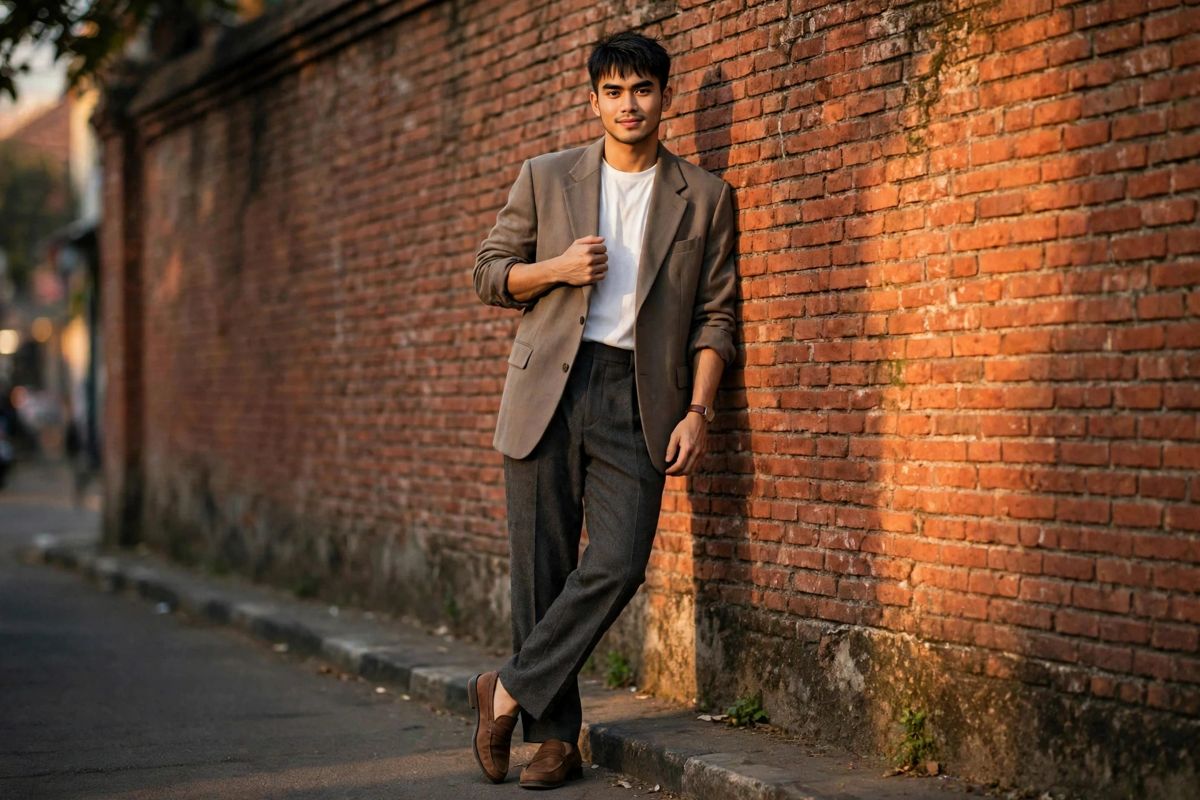 Cowok bergaya quiet luxury: blazer soft-tailoring warna taupe, celana bahan lipit, dan loafers kulit di depan dinding bata