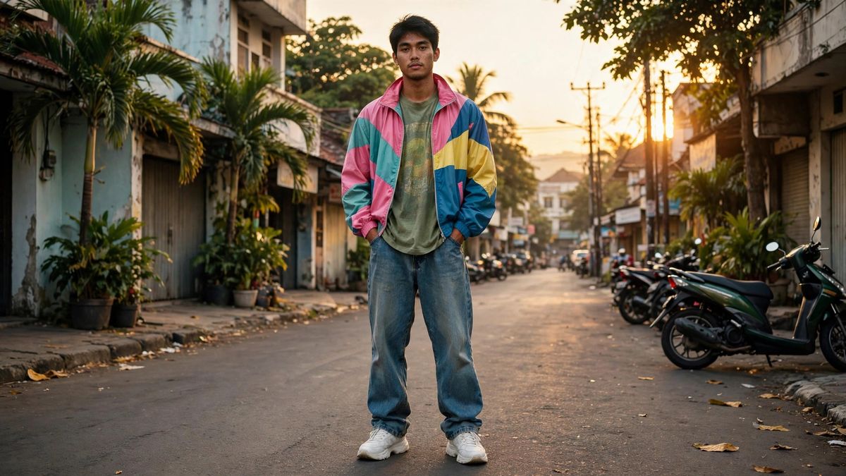 Cowok bergaya streetwear Y2K: baggy jeans, kaos grafis longgar, dan sneakers chunky di jalanan kota
